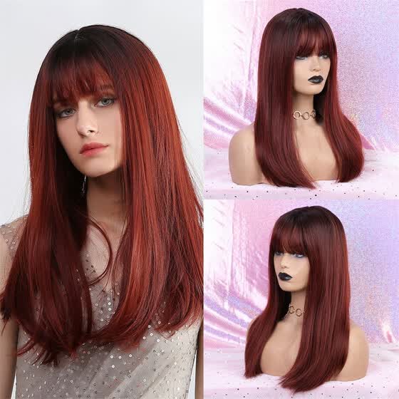 Shop Women S Fashionable Synthetic Hair Dyed Black Wine Red Thin