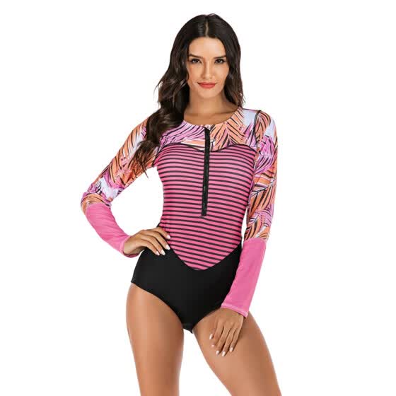 Shop Sexy One Piece Swimsuit Push Up Long Sleeve Front Zipper Swimwear Women Pink Slim Patchwork Beachwear Bathing Suit Hot Sale Online From Best Other Fishing Supplies On Jd Com Global Site