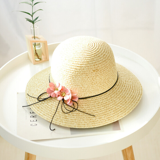 Fashion Ladies Women Floppy Foldable Straw Beach Sun Summer Hat Beige Wide Brim