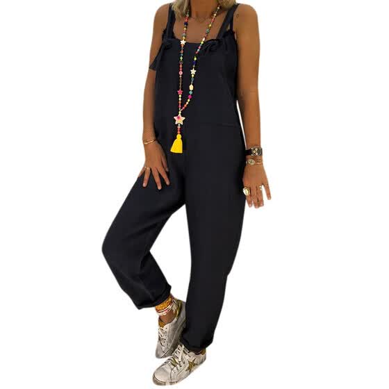 Fashion Women/'s Loose Linen Bid Long Pant Cotton Jumpsuit Strap Trousers