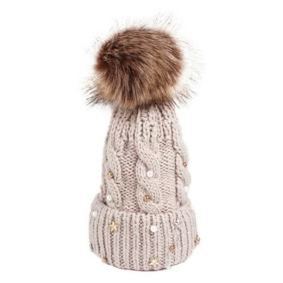 Shop Handmade Peg Drill Beanie Women Faux Fur Pom Pom Hat Winter Cap For Women Pompom Milk White Khaki Grey Red Black Knitted Hats Online From Best Running On Jd Com Global Site