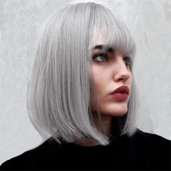 Shop Nomeni Stylish Lady With Long Silver Medium Hair With Bangs