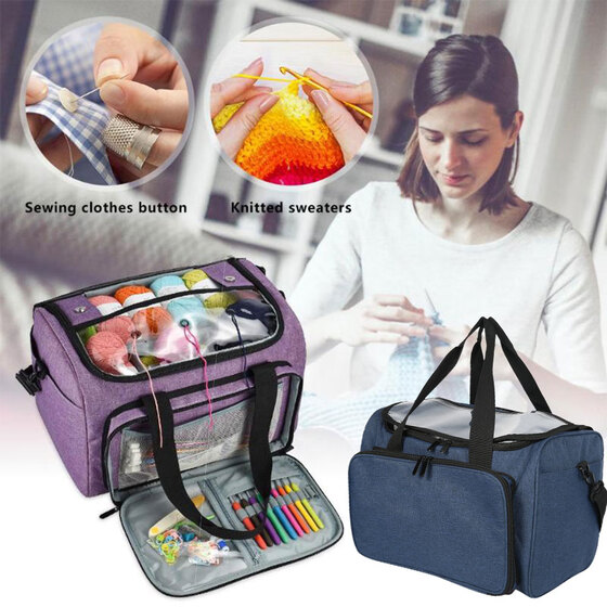 Knitting Bag Portable Yarn Storage Tote Organizer with Multi-Compartment Knitting Needles and Accessories Dark Blue