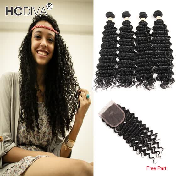 Shop Hcdiva Deep Wave Human Hair 4 Bundles With Lace Closure