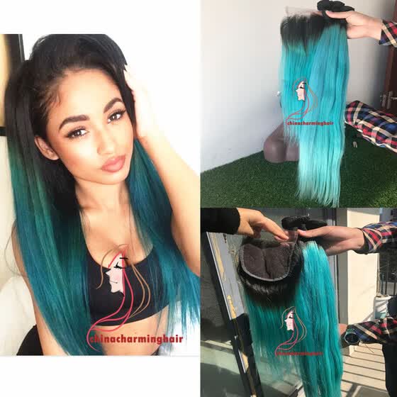 Shop Ombre 1b Teal Brazilian Silky Straight With Lace Closures
