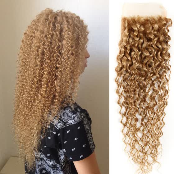 Shop Peruvian Kinky Curly Closure Free Part Honey Blonde Lace