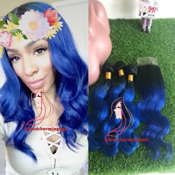 Shop Human Hair Weave 1b Blue Ombre Color Brazilian Virgin Body
