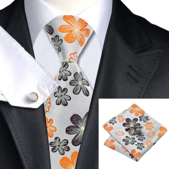Floral Brown Silk Men Tie Set With Matching Hankie Cuff links Men Necktie Set