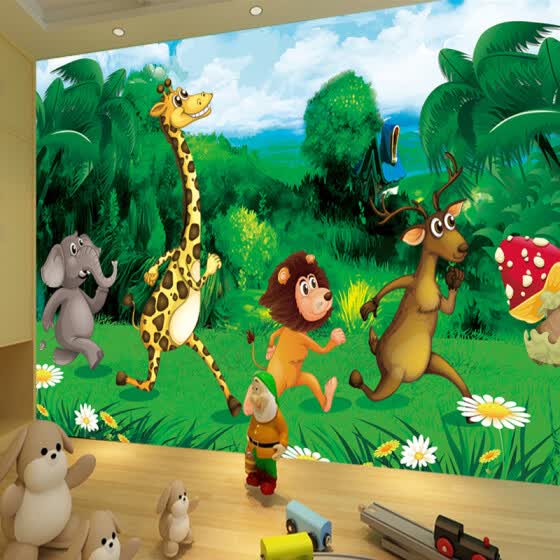 Shop Custom 3d Mural Wallpaper Green Forest Cartoon Animals