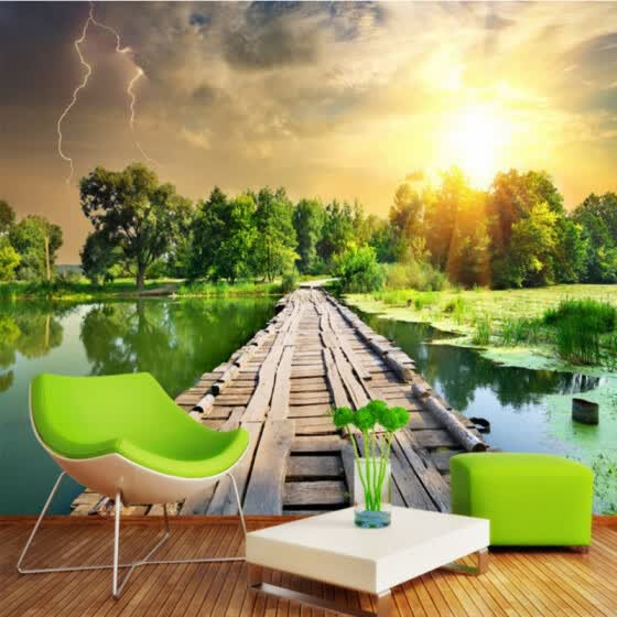 Shop Custom 3d Mural Wallpaper Wooden Bridge Landscape Mural