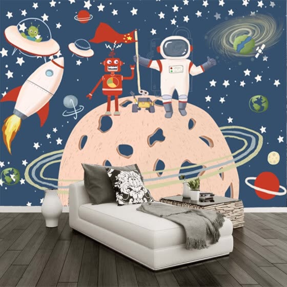 Shop Custom Photo Wallpaper Cartoon Space Spaceship Children Room