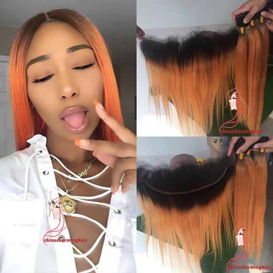Shop Silky Straight Ombre T1b Orange Hair 3 Bundles With Lace