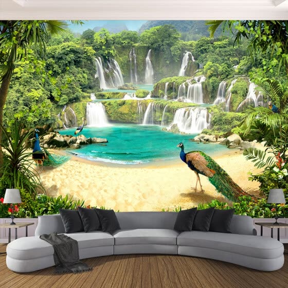 Shop Custom 3d Wallpaper Murals Waterfall Peacock Lake Landscape