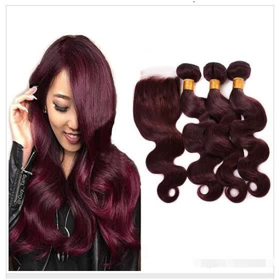 Shop 9a Brazilian Peruvian Wine Red Hair With Closure 4pcs Lot 99j