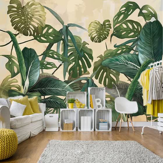 Shop Retro Tropical Rain Forest Palm Banana Leaves Mural Wallpaper