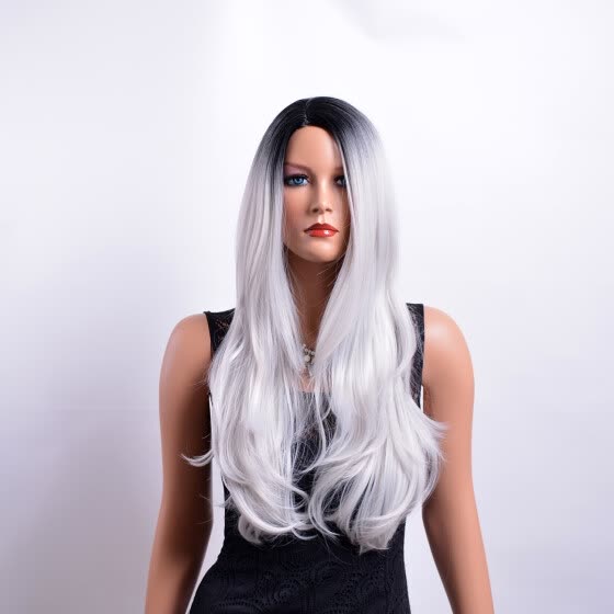 Shop Qianbaihui Ombre White 2 Tones Synthetic Wig Dark Roots Long