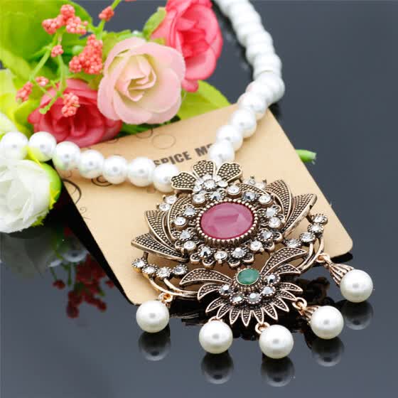 Vintage <b>Flower</b> Strand Bead <b>Pendant Necklace</b> Set <b>Women</b> Antique ...