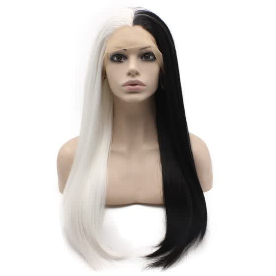 Shop Long Straight Half White Black Two Tone Synthetic Lace Front