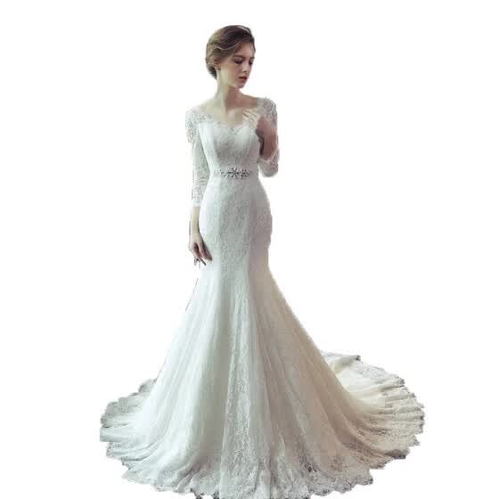 Shop Full Lace Long Sleeves Fishtail Wedding Dress Online From
