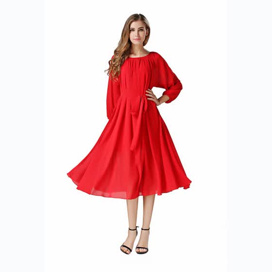BUENOS NINOS Womens Long Sleeve Crew Neck Loose Chiffon Long Maxi Dress with Belt