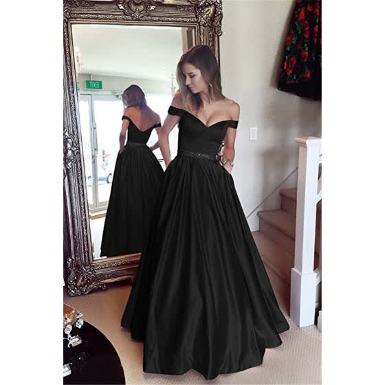 off the shoulder beaded satin evening prom dress with pocket