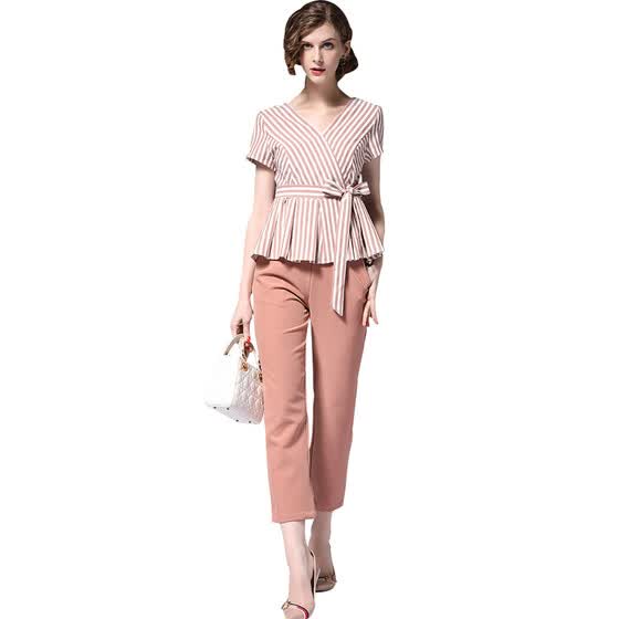Burdully New Fashion 2018 Summer 2 Piece Set Women Pant And Top Burdully New Fashion 2018 Summer 2 Piece Set Women Pant And Top Work Striped Two