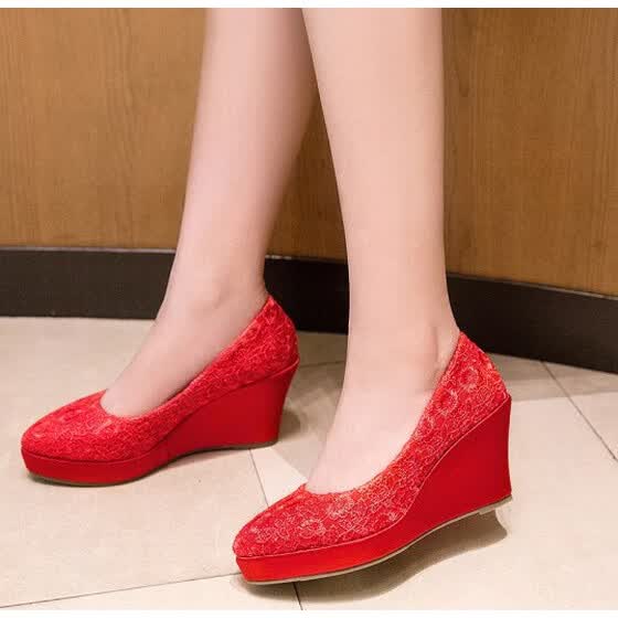 Shop Fashion Women Wedge Shoes Pumps Round Toe High Heel Wedding