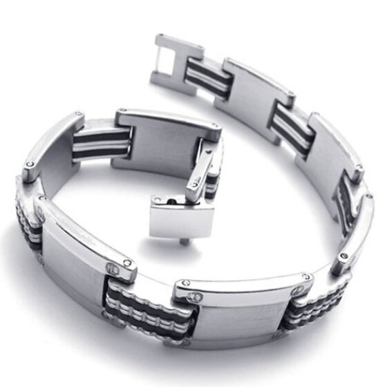 Mens Stainless Steel Rubber Bracelet Link Wrist Elegant Silver Blue