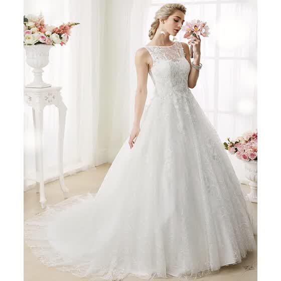 Shop A Line Style Court Train Beaded Lace Wedding Dresses With
