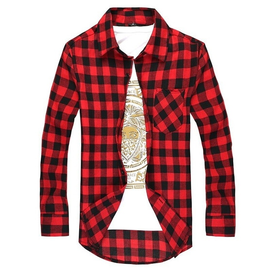 HongMong Spring and Summer Mens Plaid Casual Trend Long-Sleeved Shirt Shirt