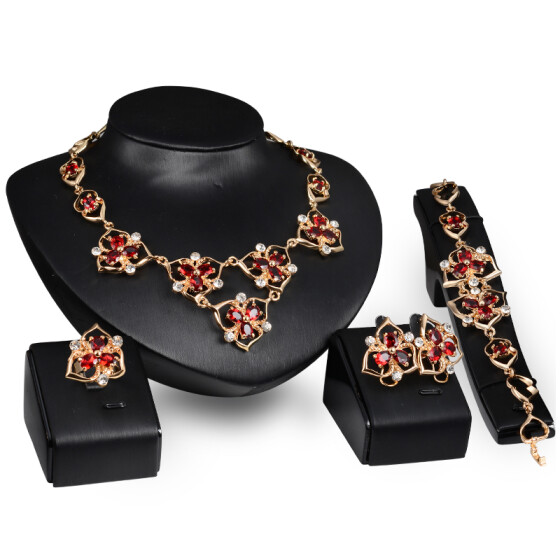 Wedding Flower African Beads Gold Plated Necklace Earrings Bracelet Ring Sets