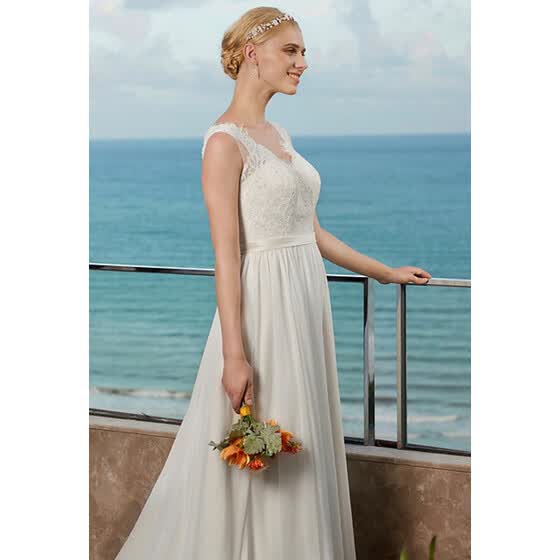 Shop A Line Straps Chapel Train Wedding Dresses With Appliques
