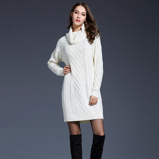 Women High Collar Long Sleeve Knitwear Winter Ladies Knitted Sweater Dress