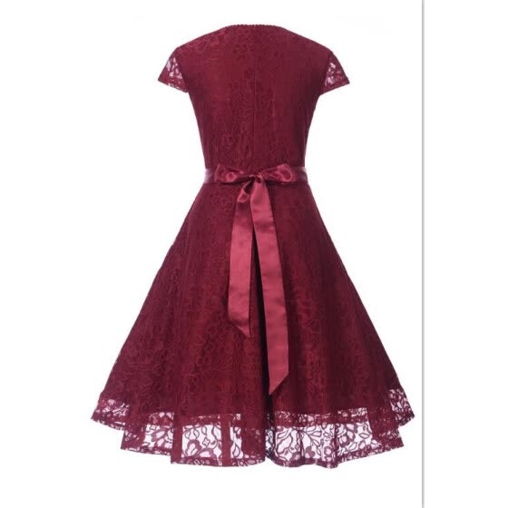 Shop New Arrival Lace Stitching Retro Belt Waist Slim Dress Online from ...