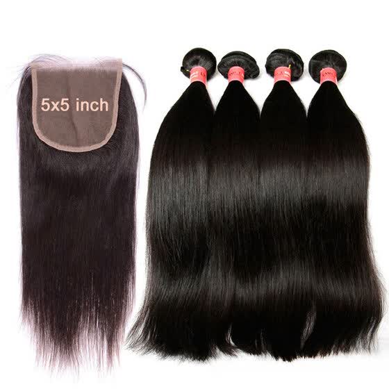 Shop 10a 5x5 Lace Closure With 3 Bundles Indian Straight Virgin