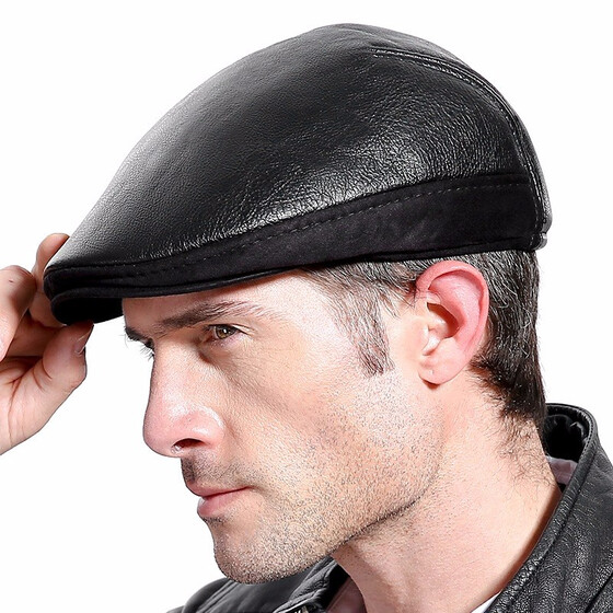 Winter Warm Genuine Cowhide Leather Adjustable Beret Caps Outdoor Men Newsboy Hat