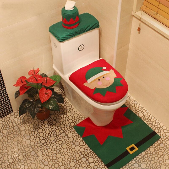 Christmas Decoration 3pcs Elf Toilet Seat Cover Rug Tissue Box Cover Bathroom Decoration Bathroom Toilet Lid Tank Covers