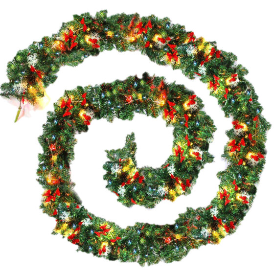 9FT Christmas Garland Artificial Xmas Wreath /& 200 LEDs String Lights Warm White