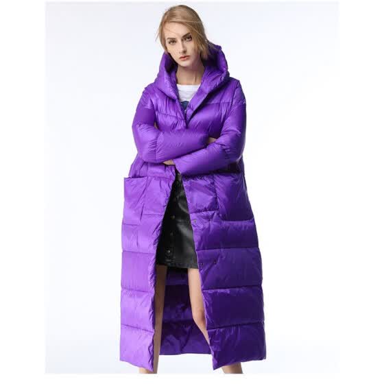 womens knee length down coat with hood