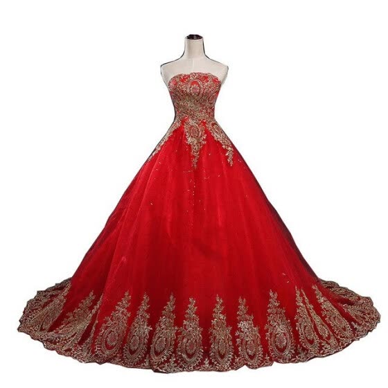 Shop 2018 New Ball Gown Lace Tulle Red Wedding Dress With Tail