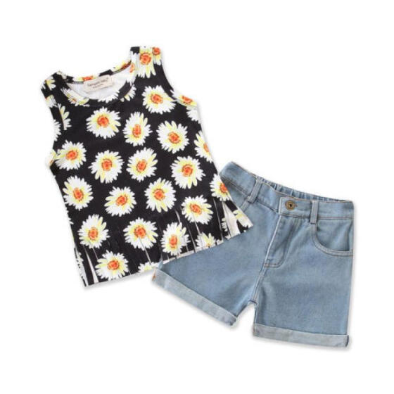 UK 2Pcs Toddler Baby Girl Clothes Sleeveless Top Denim Shorts Sunflower Outfit M