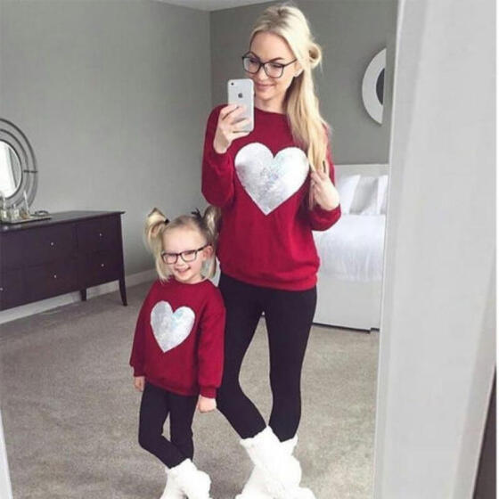 Love Heart Long Sleeve Sweatshirt Tops Pullover Sweater for Mother Daughter Son