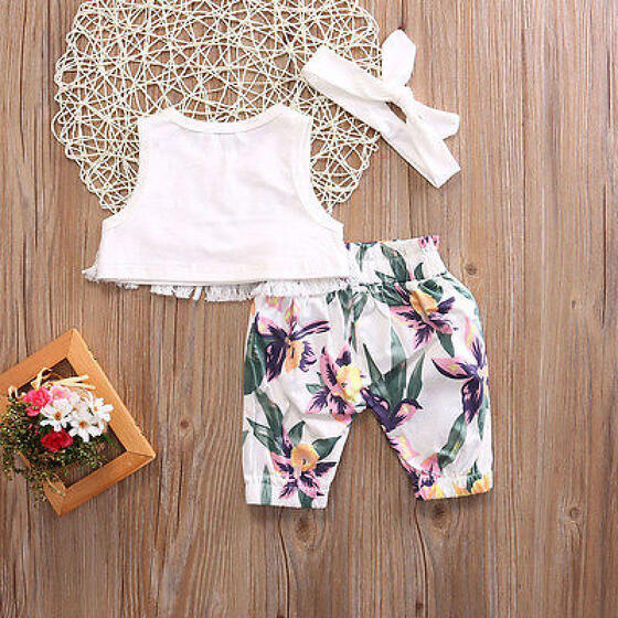 3pcs Baby Girl Newborn Toddlers Flower Headband+Top+Shorts Pants Outfit Clothes