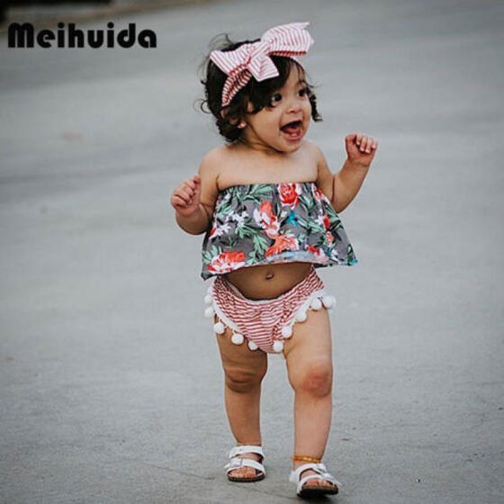 3PCS Summer Toddler Kids Baby Girl Off Shoulder Floral Tops+Short Pants+Headband