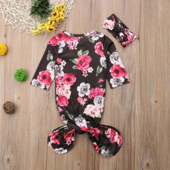 Baby Sleeping Bags Newborn Floral Sleepy Gown Knotted Romper Sleepwear Headband 0-6 Months 0-6 Months, Green