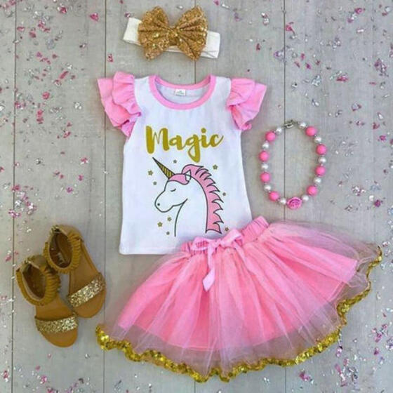 2PCS Toddler Kids Baby Girls Outfits Clothes T-shirt Tops Tutu Dress Skirt Set