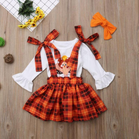 3PCS Thanksgiving Kids Baby Girl Clothes Tops+Strap Skirt Dress Party Outfits US