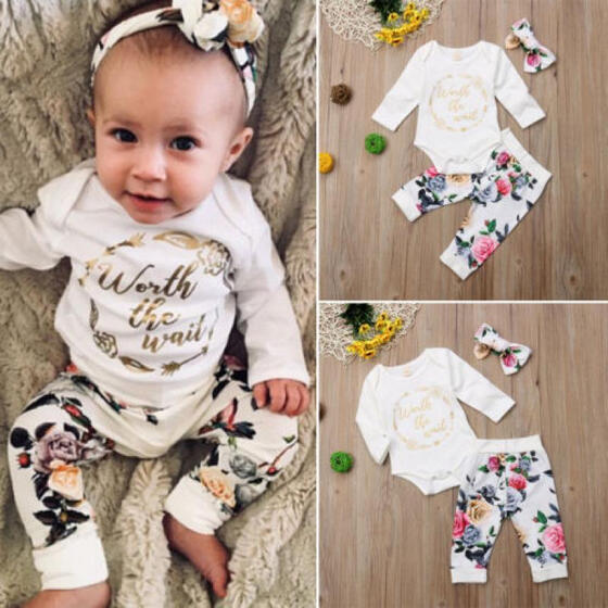 US Newborn Baby Girl Ruffle Floral Top Romper Pants Leggings 3PCS Outfit Clothes