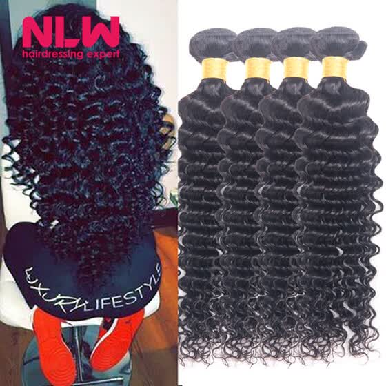 Shop Black Women Double Weft Deep Wave Brazilian Curly Weaving 4
