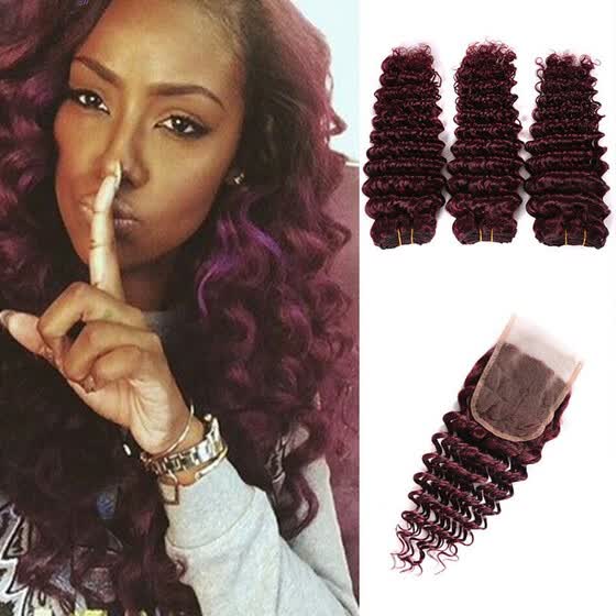 Shop Burgundy Indian Deep Wave With Closure Virgin Hair Curly Deep